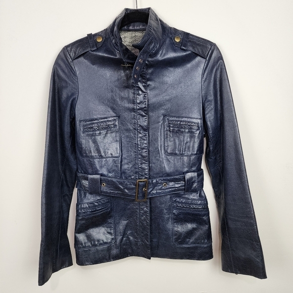 Navy Leather Jacket - Picture 1 of 6